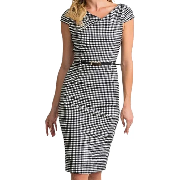 macys black formal dress Joseph Ribkoff Women's Silky Knit and Leatherette Sheath Dress – hdosport main image 1